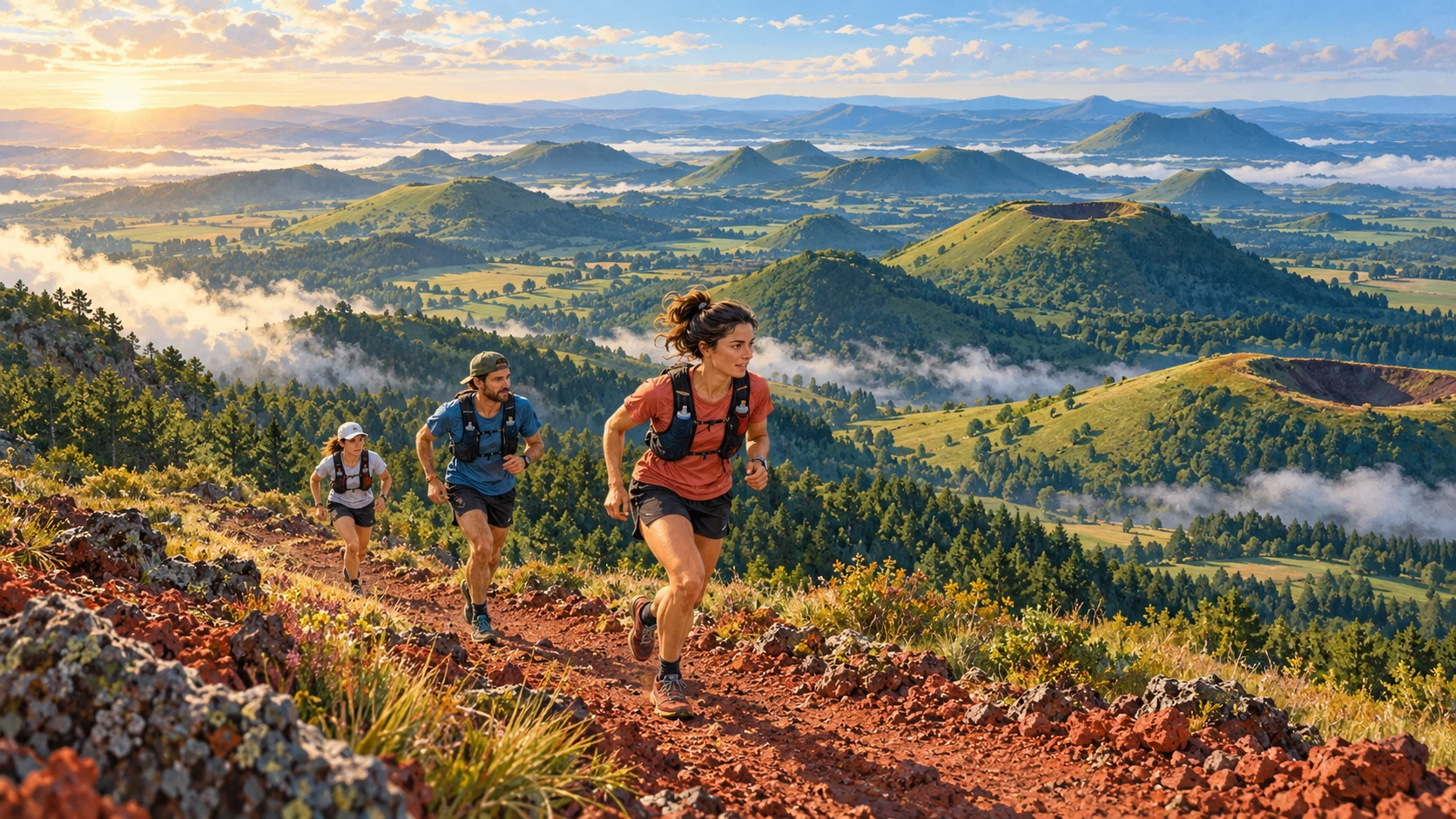 Des coureurs suivent un chemin de scories parmi les cônes volcaniques verdoyants de la chaîne des Puys.