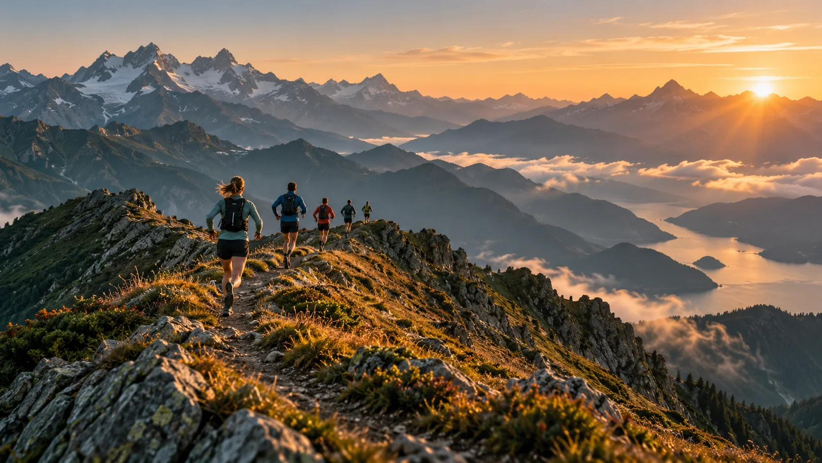Coureurs sur une crête de montagne au lever du soleil.