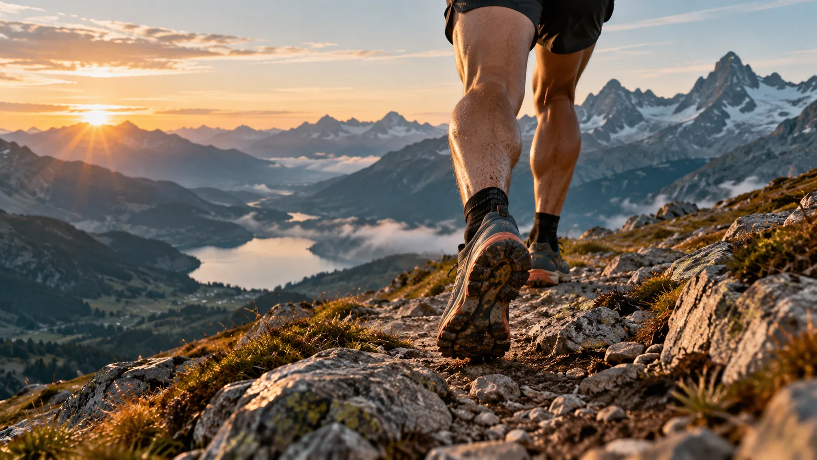 Jambes d’un coureur sur un sentier rocheux face aux montagnes.