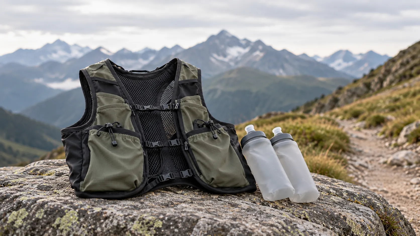 Illustration d’un gilet de trail générique et de deux flasques en montagne